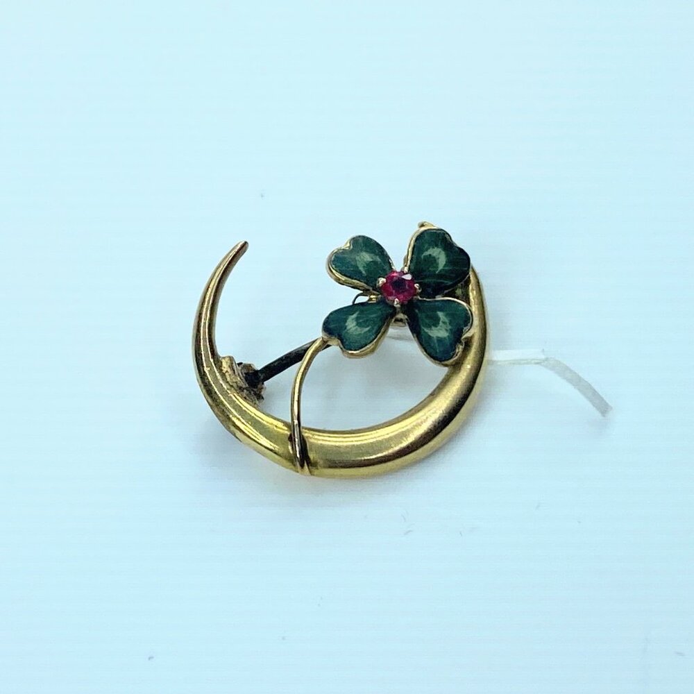 Art Deco Ruby Shamrock Clover Enamel Crescent Moo… - image 3